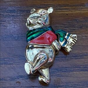 Disney Winnie the Pooh Walking Green Scarf Goldtone Brooch pin